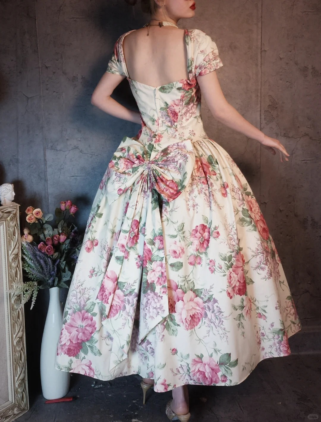 Charming pink vintage floral long satin prom dress nv5435