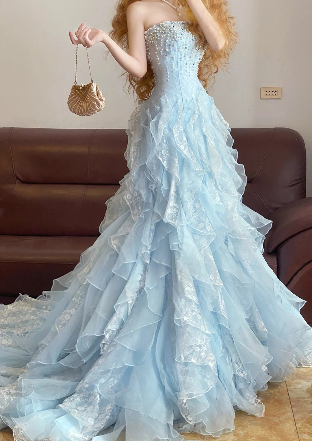Blue beaded lace long tulle princess ball gown evening dress nv5044