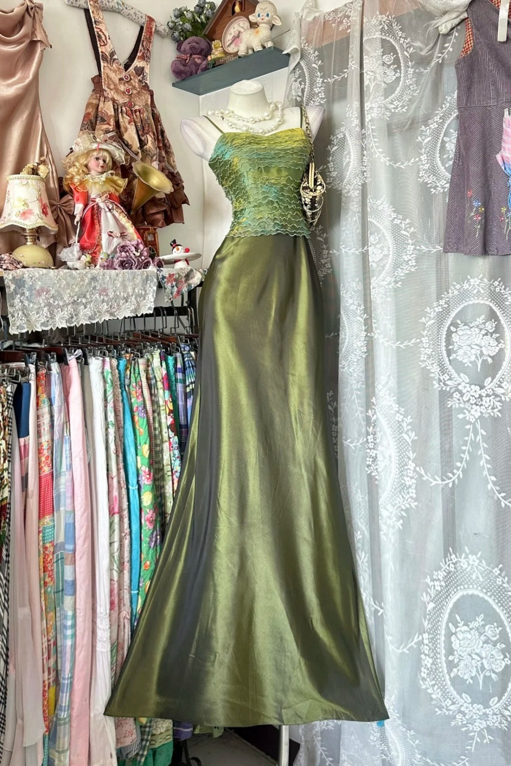 Green retro elegant long satin evening gown NV6739