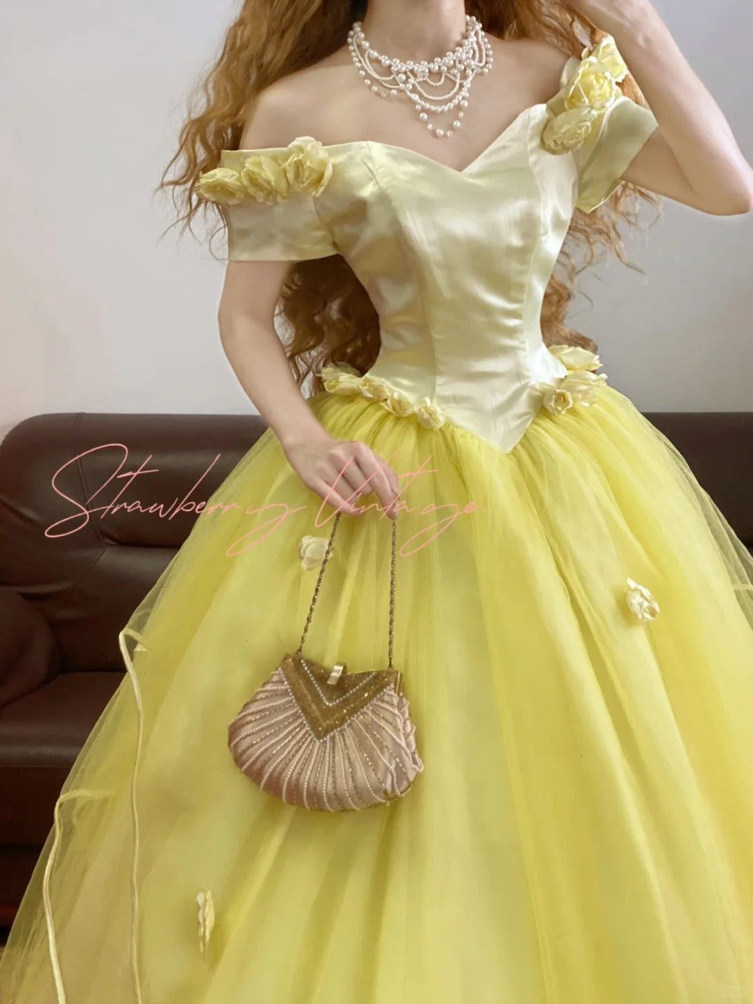 Yellow vintage elegant tulle long princess ball gown evening dress nv5003