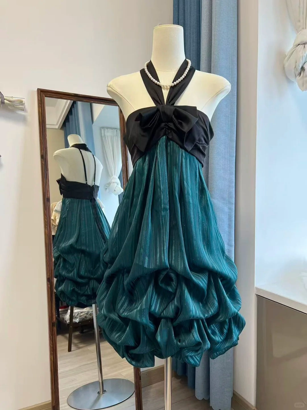 Blaugrün/Hellblau Vintage Kurzes Chiffon Satin Homecoming Kleid Geburtstagsparty Kleid nv5093