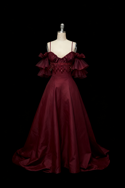 (Exclusive Original Design Dress)Off-Shoulder Short-Sleeve Burgundy Satin Train Gown | Luxury Elegant Tassel Ruffle Maxi Dress for Gala Ball NV6304