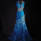 Robe de soirée vintage en satin et dentelle, bleu fantaisie, exquise, avec perles florales, nv5211