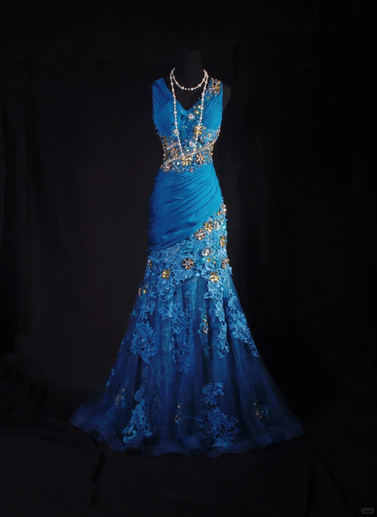 Fantasy blue exquisite floral beading long lace satin prom dress party dress vintage nv5211