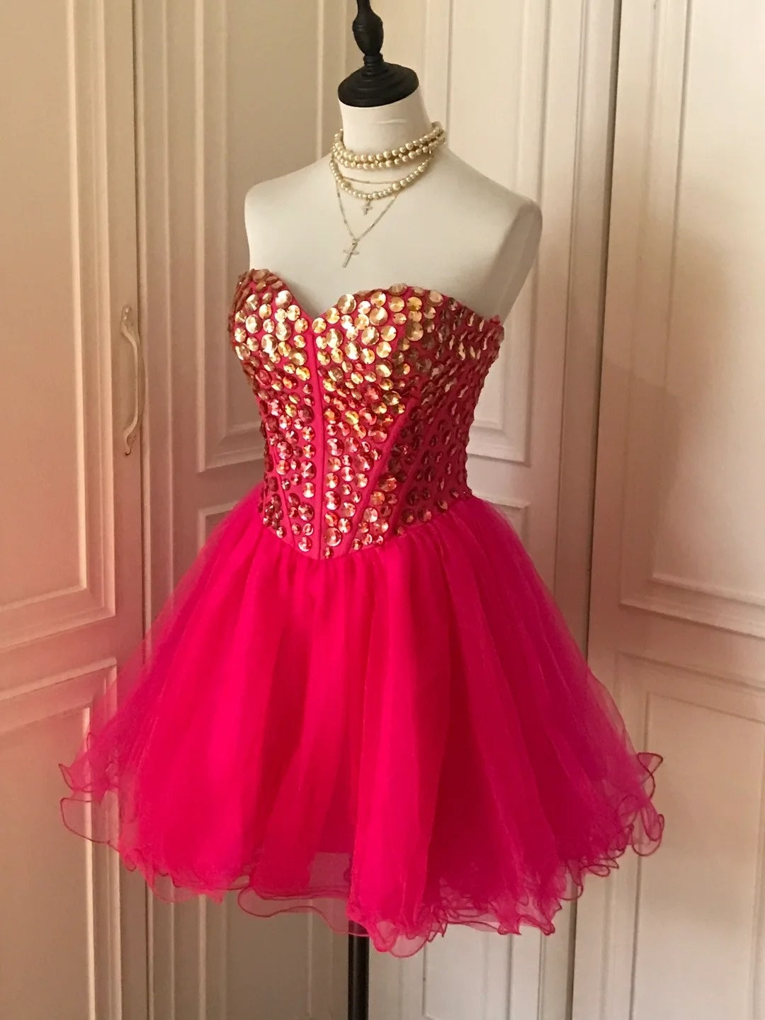 Pink Sequin Beaded Short Tulle Princess Homecoming Dress Birthday Party Dress nv4712