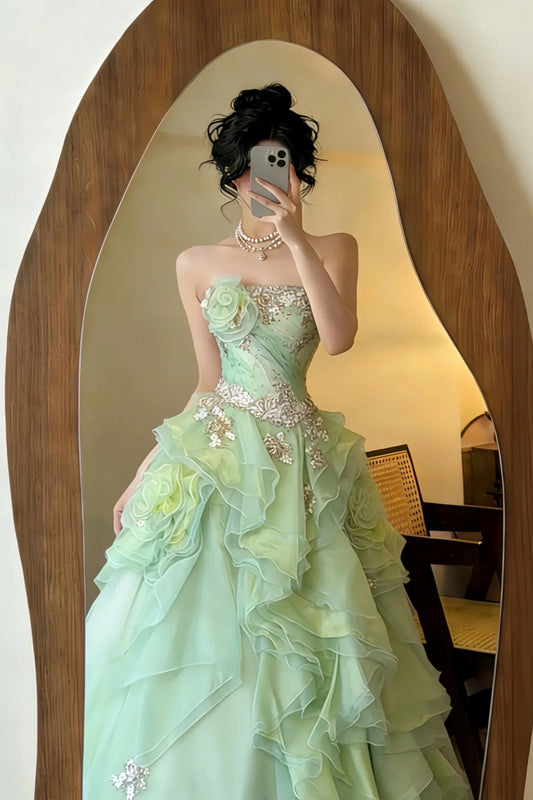 Mint Green Organza Strapless Ball Gown with 3D Floral & Sequin Detail NV6555