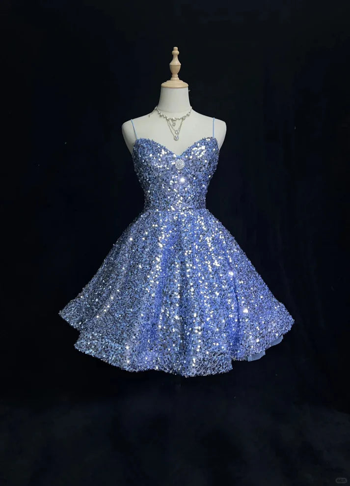 Blue Shiny Princess Sequin Short Fashion Homecoming Dress Prom Dress Evening Dress Elsa's Ice Party nv4287