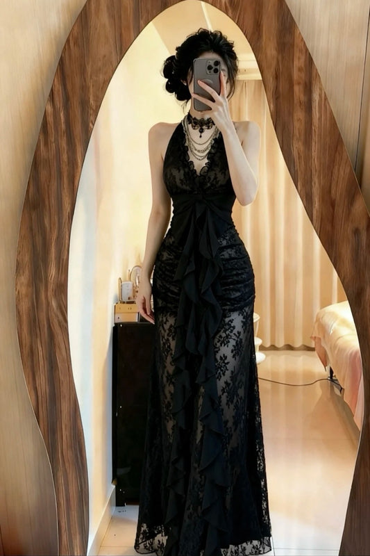 NiceVestidos-_Black long lace party dress NV5972