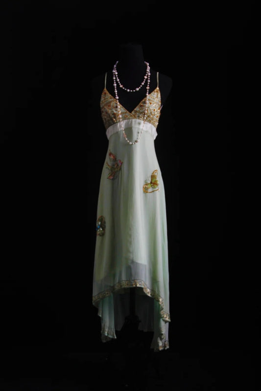 NiceVestidos - Robe de bal longue et élégante, faite à la main, en mousseline de soie vert menthe, avec perles et appliques d'oiseaux, style conte de fées, style rêveur, bretelles spaghetti, tendance, NV5792