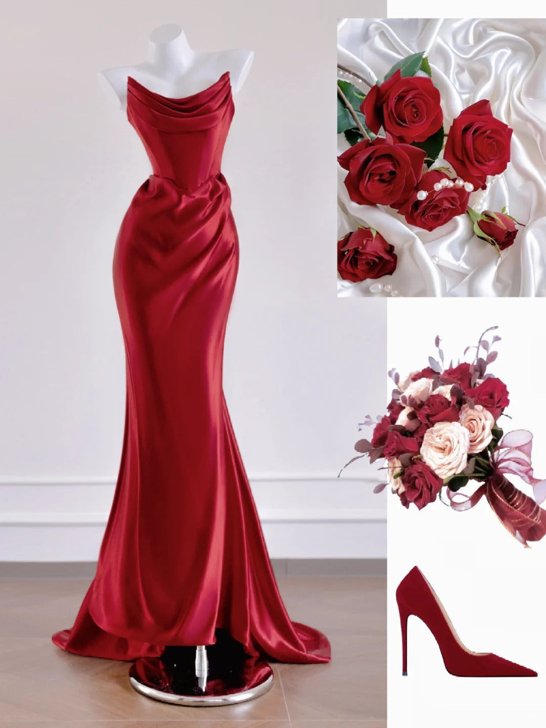 Rotes, modisches Meerjungfrau-Kleid, lang, Satin, Ballkleid, Abendkleid, Partykleid, nv4728