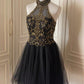 Black gold beaded short vintage homecoming dress birthday party dress nv4711