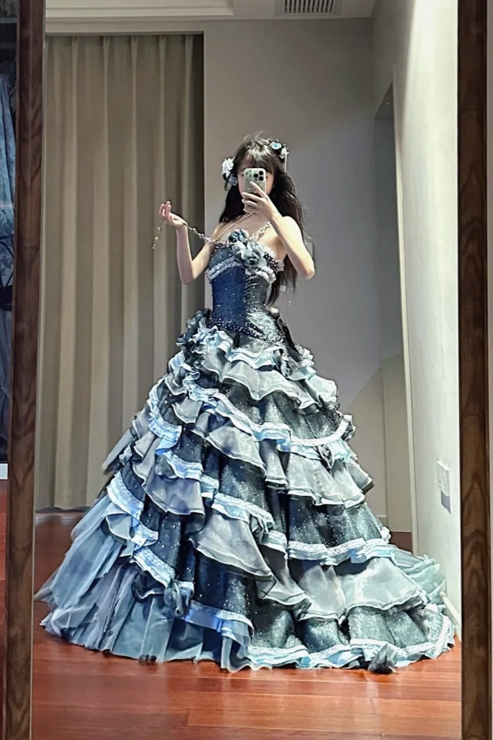 NiceVestidos – Blaues Vintage-Ballkleid mit exquisiten Perlen und langem, mehrlagigem Tüll, Prinzessinnenkleid zum 16. Geburtstag, Märchen-Meerestochter, NV5666