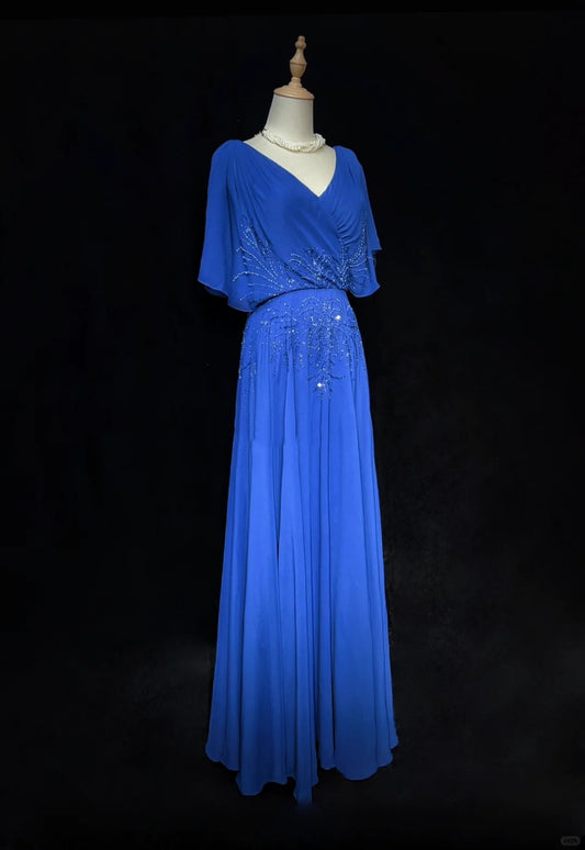 Blaues Vintage Elegantes Exquisites Perlenbesetztes Kurzarm Langes Chiffon Ballkleid Abendkleid Partykleid Hochzeitsmutterkleid Ballkleid nv3961