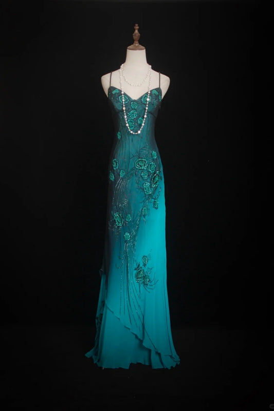 NiceVestidos - Robe de bal vintage fluide et glamour, dégradé bleu sarcelle, élégante et artistique, ornée de perles et de fleurs, NV5790