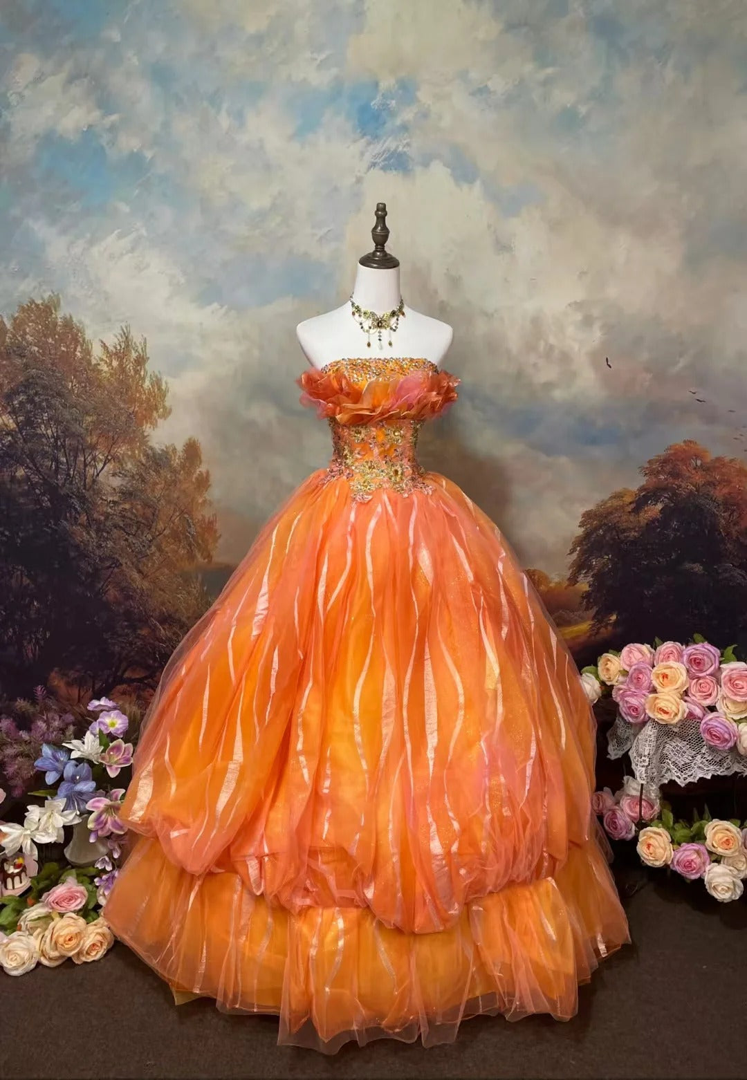 Orange Vintage Elegant Fashion Exquisite Beading Long Layered Tulle Ball Gown Evening Dress nv4083