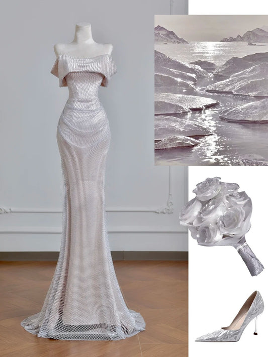 Silbernes Mesh-Metallic-Satin-Lang-Meerjungfrau-Schlank-Ballkleid-Abendkleid-Partykleid nv4721