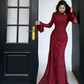 Burgundy Lace Slim Train Dress - High Neck Flared Sleeve Vintage Party Gown NV6794