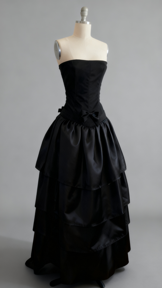 (Exclusive Original Design Dress)Sleeveless Black Satin Tiered Ball Gown | Dark Luxury Elegant Bow Train Dress for Gala Ball NV6311