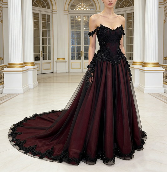 Schwarzes, burgunderrotes, trägerloses Spitzenkleid – schulterfreies Ballkleid/Abendkleid/Ballkleid/Maxikleid für den roten Teppich NV6803
