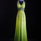 NiceVestidos--Dreamy Handmade Beaded Niche Forest Fairy Tale Nature Art Glam Yellow Green Chiffon Beaded Halter Neck Fitted Long Prom Dress NV5793
