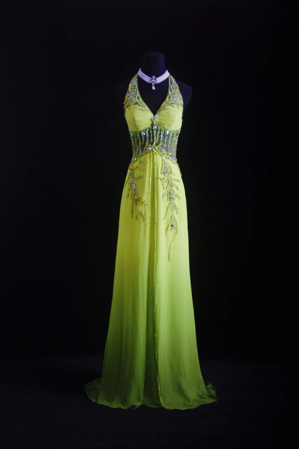 NiceVestidos--Dreamy Handmade Beaded Niche Forest Fairy Tale Nature Art Glam Yellow Green Chiffon Beaded Halter Neck Fitted Long Prom Dress NV5793