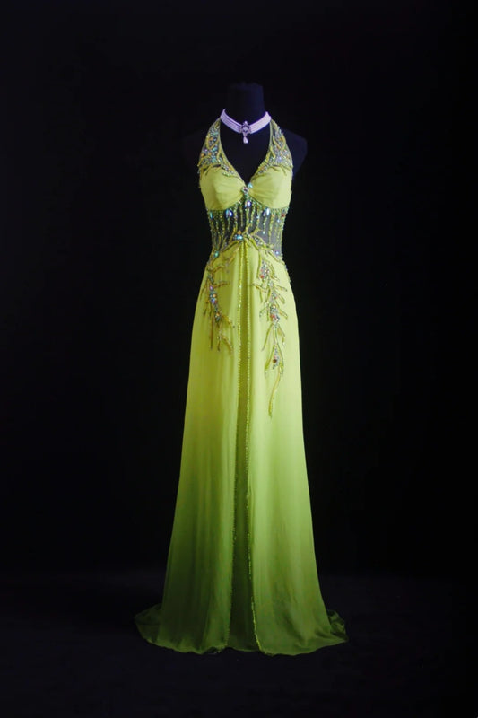 NiceVestidos - Robe de bal longue et élégante, faite à la main, en mousseline de soie, avec perles, style conte de fées, nature, glamour, jaune et vert, col licou, ajustée, NV5793
