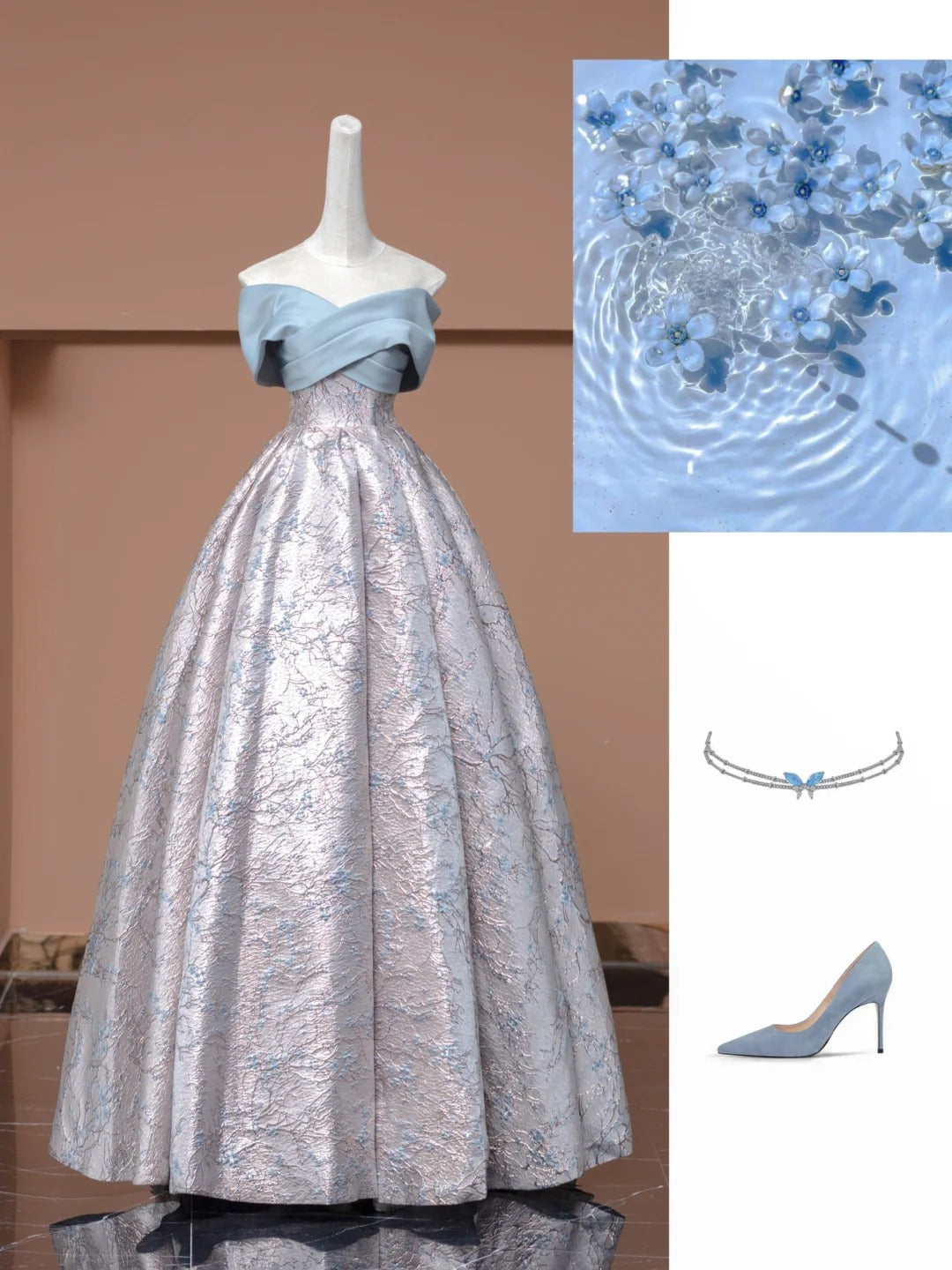 Blue Floral Elegant Fashion Long Satin Prom Dress Evening Dress Party Dress nv4743