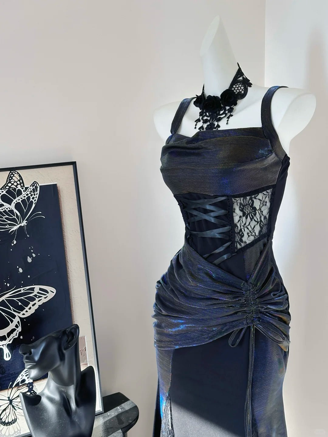 Black Vintage Elegant Delicate Lace Long Satin Ball Gown Evening Gown Birthday Party Dress Prom Gown nv4047