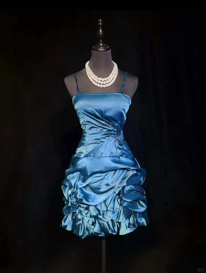 Blaues kurzes Homecoming-Kleid mit Perlen, Ballkleid, Abendkleid nv4287