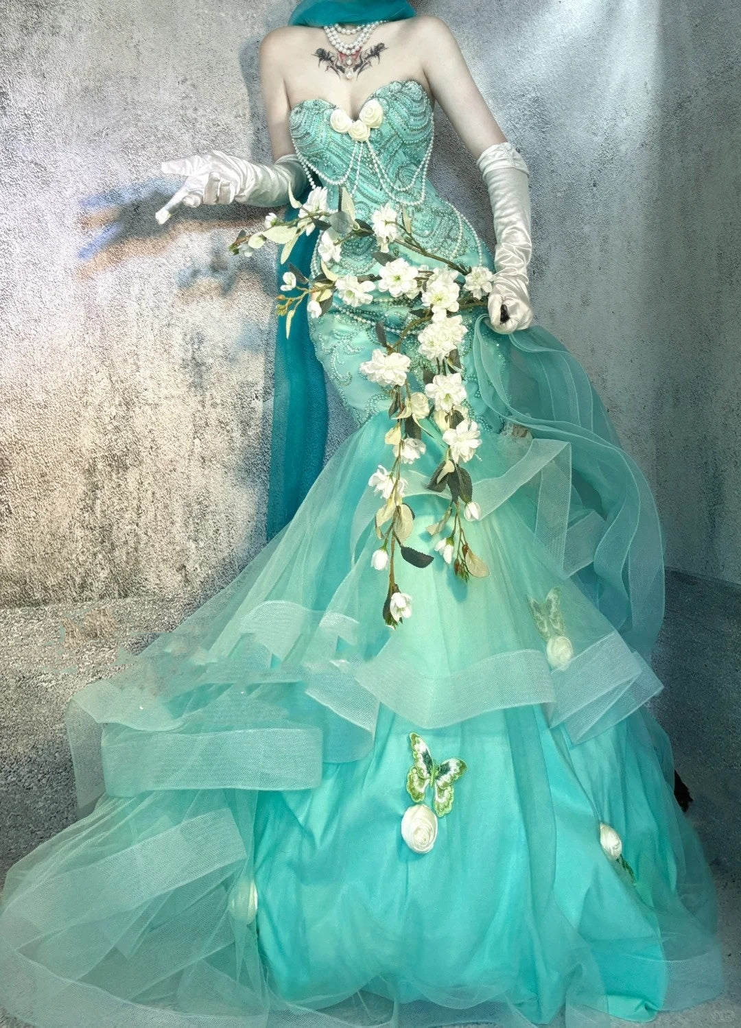 Blue gorgeous exquisite beaded long satin ball gown evening dress party dress nv4377