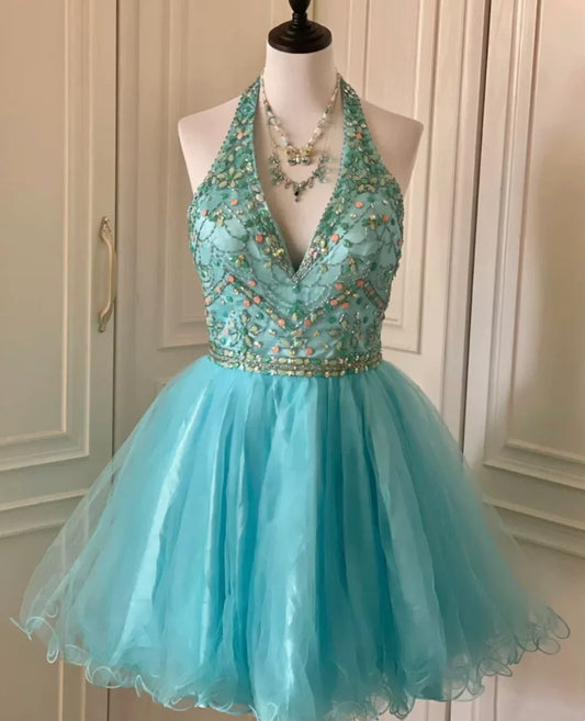 Blaues, perlenbesetztes, kurzes Tüll-Prinzessinnenkleid für den Heimkehrtag, Geburtstagspartykleid, nv4710