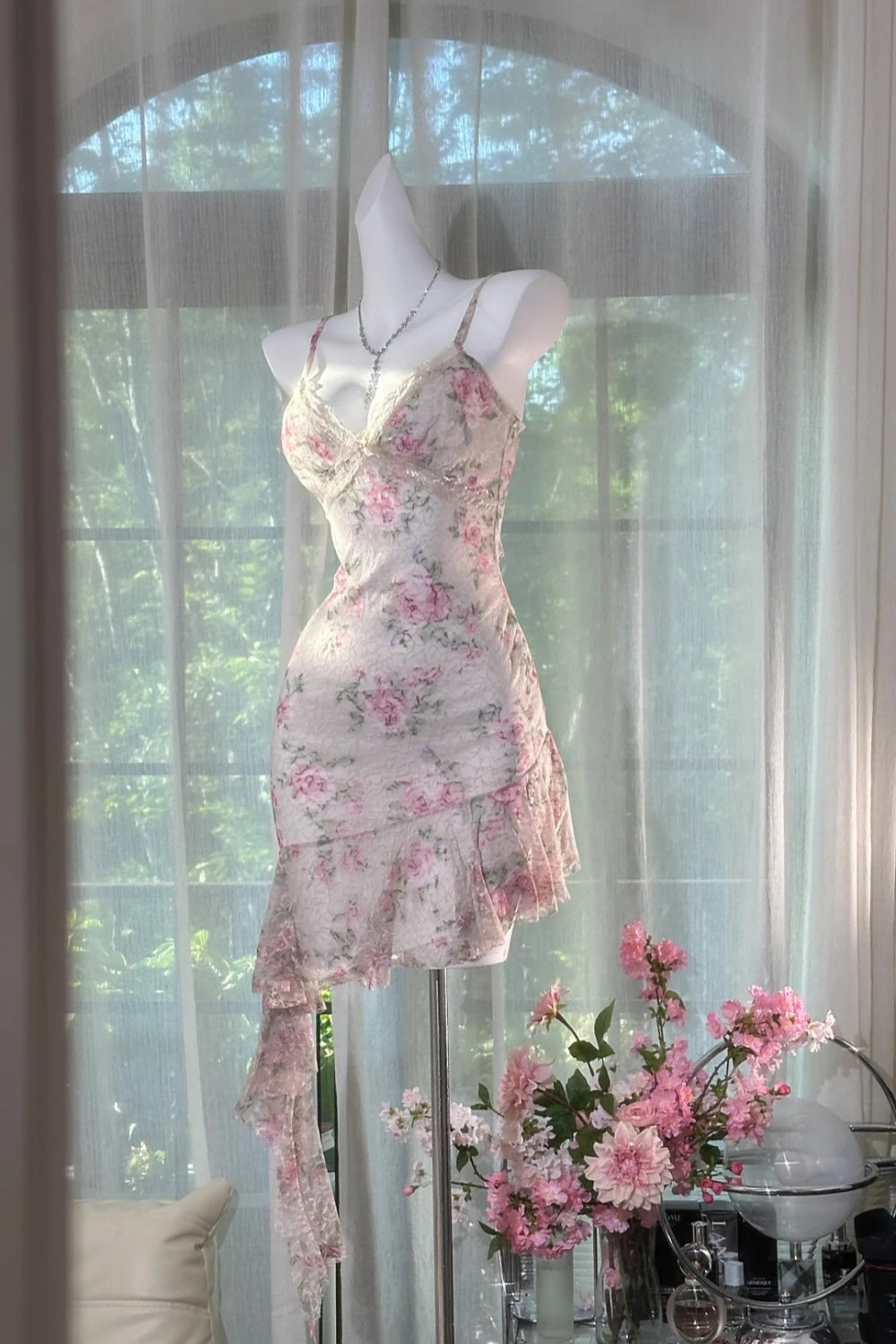 Sweet Floral Lace Dress, Sleeveless Spaghetti Strap Party Dress  NV6885