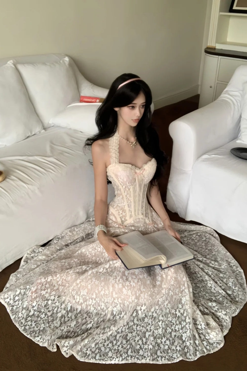 French Soft Flower Halter Lace Maxi Evening Dress NV6572