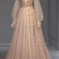 Nude Pink Gorgeous Shiny Fashion V-neck Exquisite Floral Long Sleeves Elegant Tulle Evening Dress Ball Gown Party Dress Prom Dress nv3812