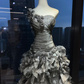 Strapless Dark Grey Mermaid Gown Sweetheart Ruched Hand Beaded 3D Flower Tiered Ruffle Organza Prom Dress  NV7029