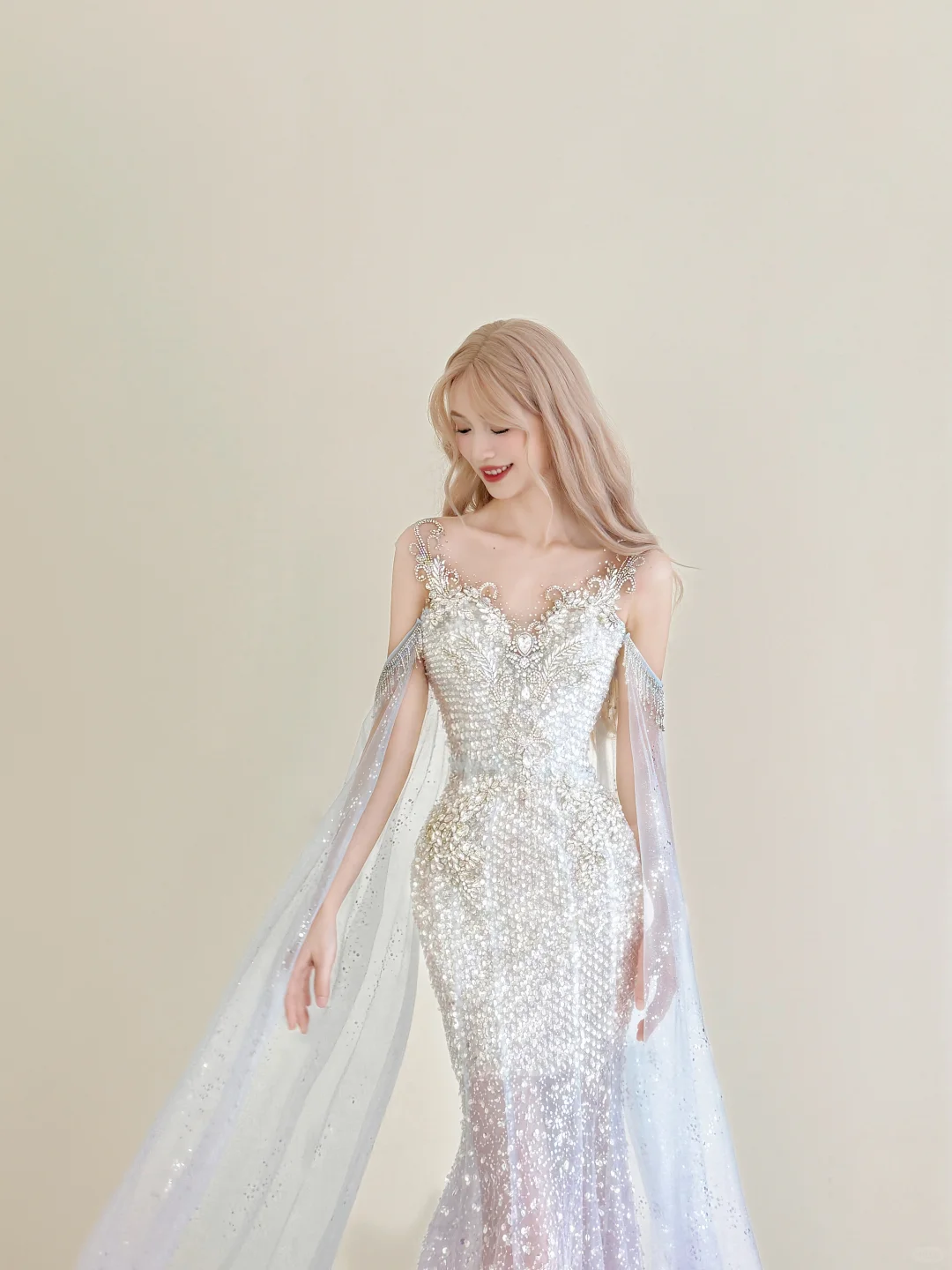 Ombre Pink Blue Sparkle Mermaid Prom Gown Off Shoulder Beaded Tulle Cape  NV7175