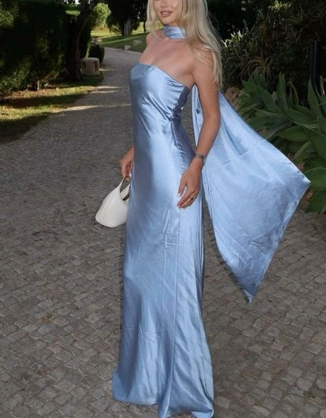 Robe de soirée longue en satin bleu simple et tendance nv4765