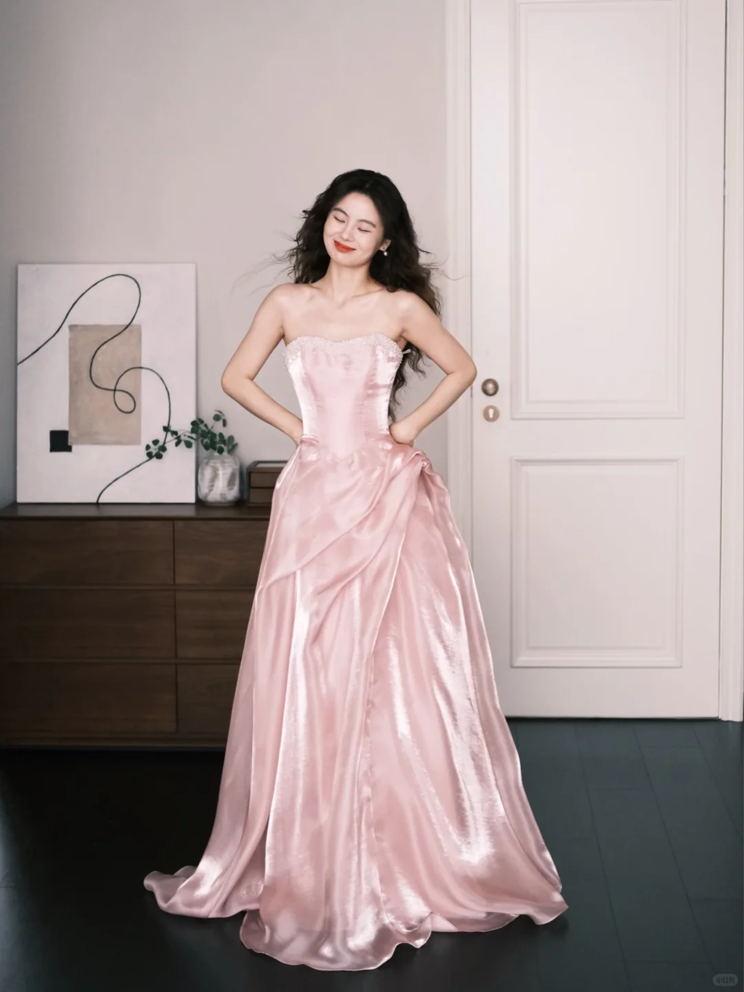Blush Pink Strapless Satin Prom Dress Sweetheart Neck Long Train Evening Gown  NV7210