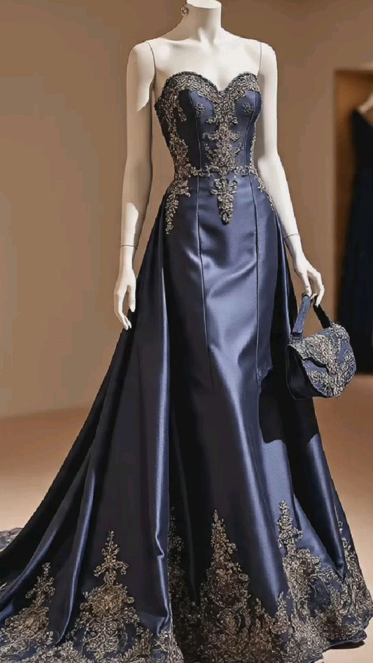 Retro Diva-style Blue Dress: Satin Fabric, Heavy Decoration, Party Centerpiece Dress NV6424