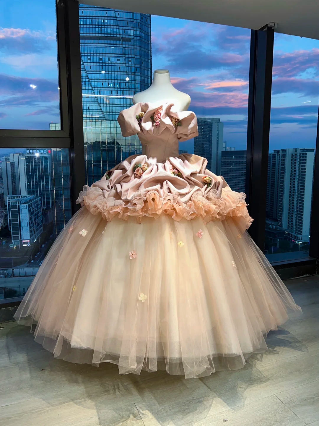 Off Shoulder Blush Pink Vintage Ball Gown 3D Rose Floral Satin Tulle Long Prom Dress  NV7026