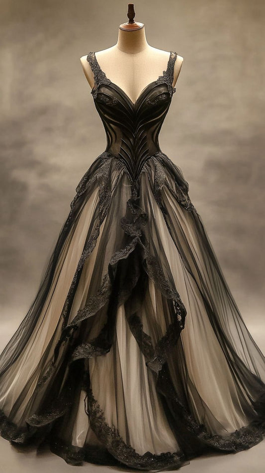 NiceVestidos-Black-Nude Gradient Tulle Spaghetti-Strap Lace-Embellished Floor-Length Court-Style Gown NV6210