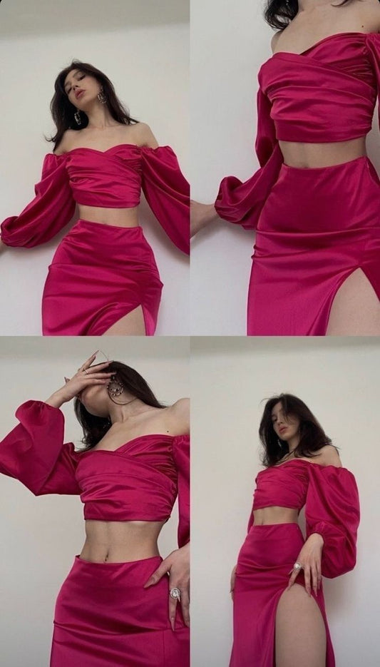 Robe de soirée longue fendue en deux pièces rose vintage élégante nv2806