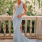 Hellblaues, schlichtes und elegantes, fließendes Kleid mit V-Ausschnitt, tiefem Ausschnitt und vielen Bändern, um Eindruck zu machen, Ballkleid, Abendkleid, Hochzeitskleid für Gäste, Partykleid nv2576