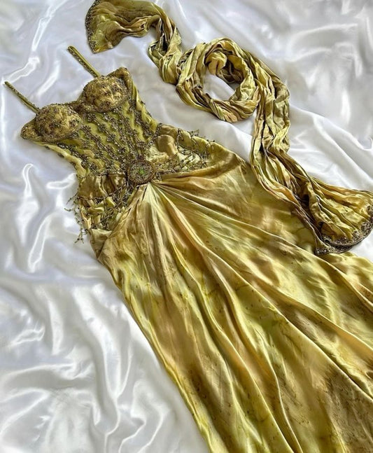 Gold Gorgeous Exquisite Beading Spaghetti Strap Long Chiffon Ball Gown Evening Gown Party Dress nv3541