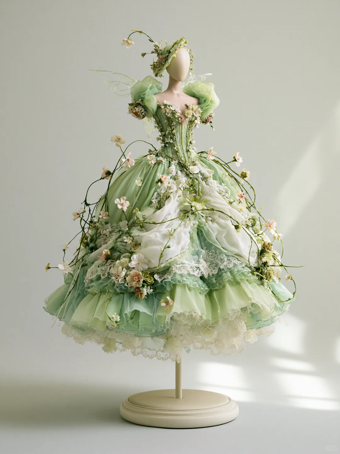 Mint Green Puff Sleeve 3D Floral Vine Fairy Ball Gown with Wings  NV7469