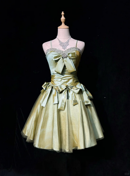 Sage Green Spaghetti Straps Short Prom Dress Rhinestone Trim Satin Bows Voluminous Tulle Mini Formal Gown  NV6894