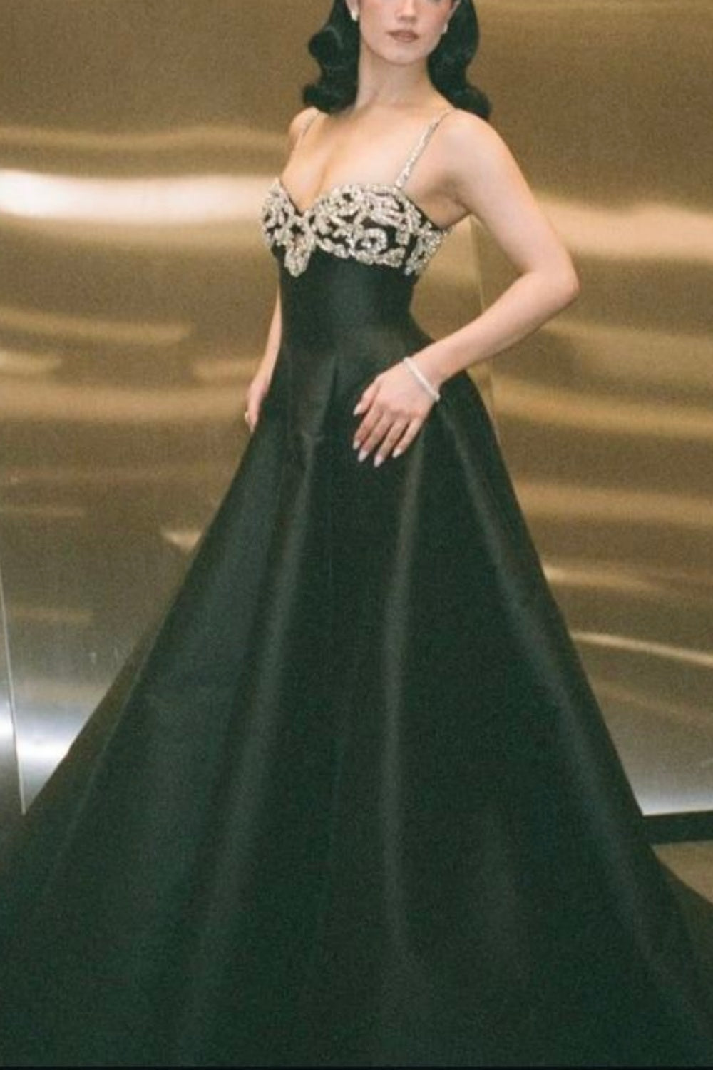 Luxury Palace Style Spaghetti Strap Beaded Gown | Black Satin Ballgown Train Maxi Dress for Red Carpet Gala Awards Ceremony High-End Social Event NV6270