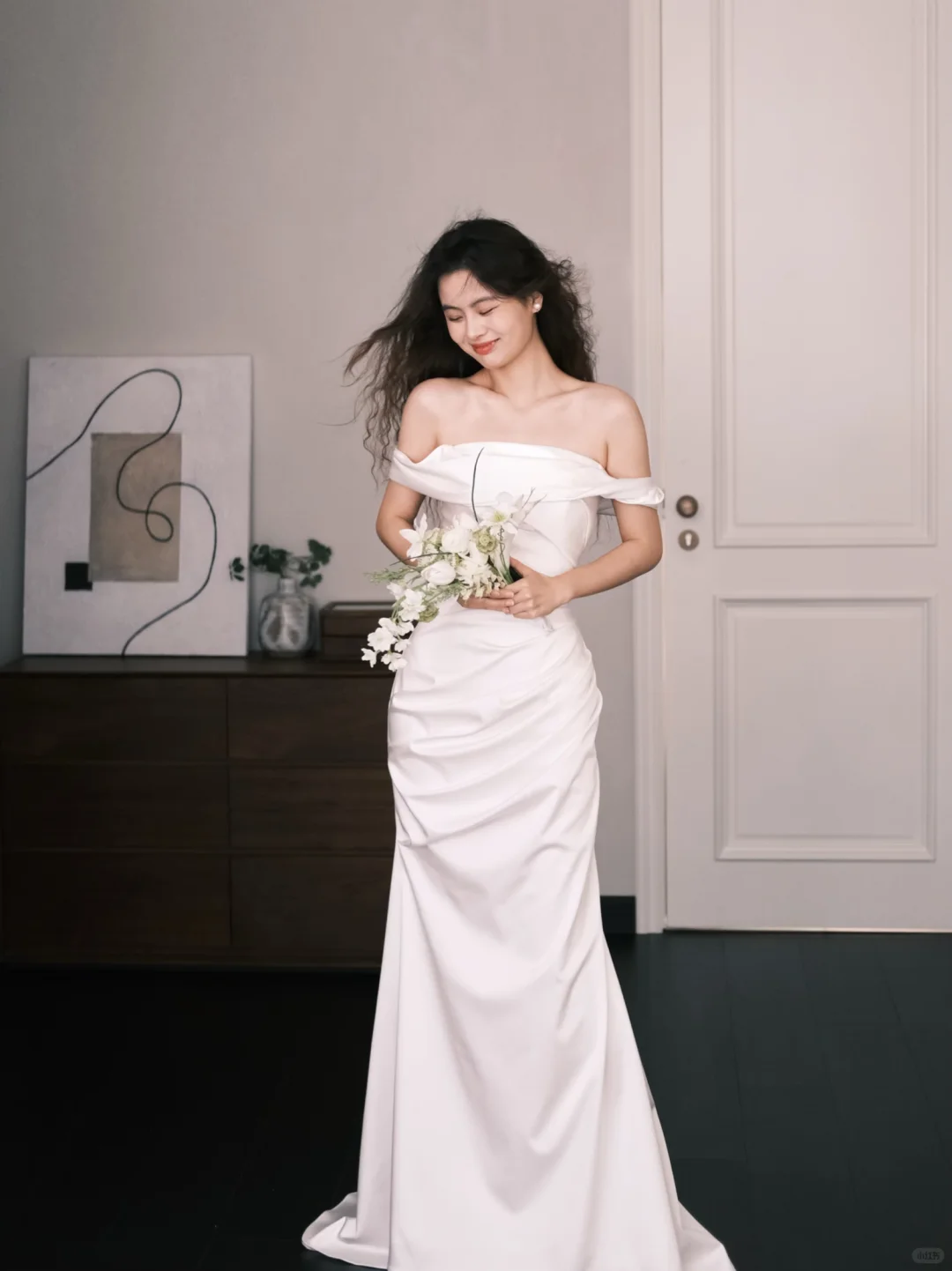 Off Shoulder Foldover Satin Mermaid Bridal Gown with Side Ruching  NV7367
