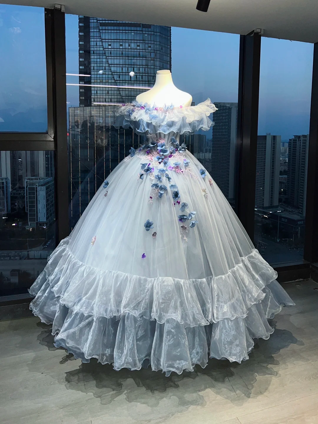 Light Gray Blue Off Shoulder Princess Ball Gown Corset 3D Gradient Floral Tiered Organza Ruffle Long Evening Gown  NV7003