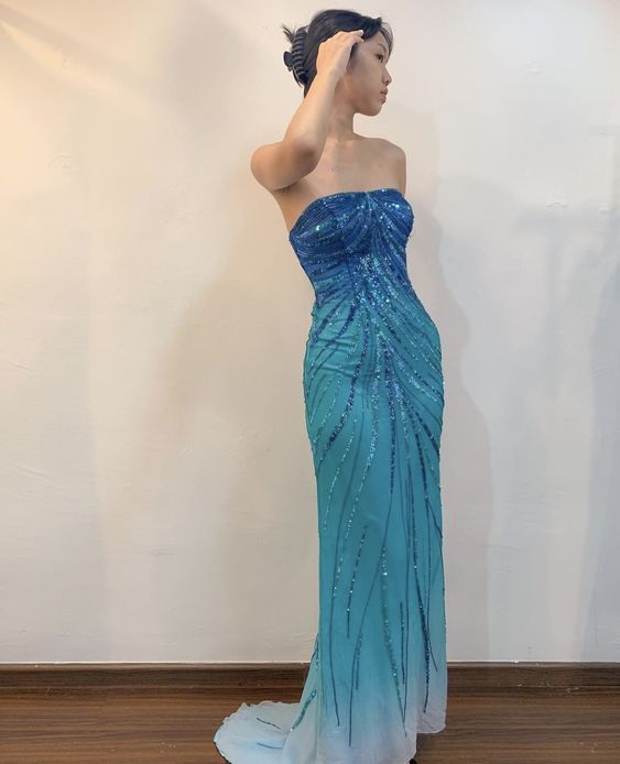 Blaues Tube-Top mit Farbverlauf, glänzenden Perlen, wunderschönes, elegantes langes Ballkleid-Abendkleid, NV2760